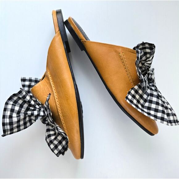 Freda Salvador NEW Ono Gingham Bow Tie Grommet Yellow Leather Mule Flats Size 7 - Picture 10 of 16